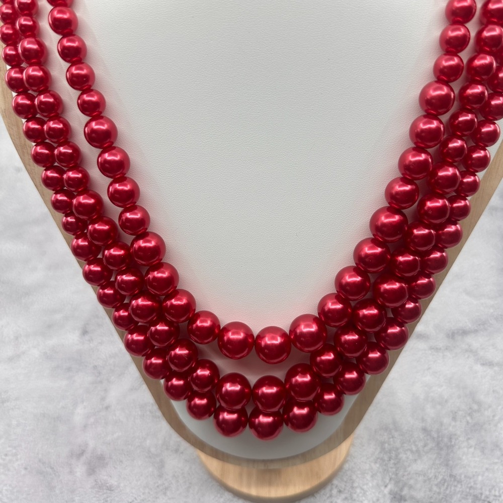 Red Faux Pearl Triple Strand Necklace Silver Tone Statement Coquette Y2K Gift